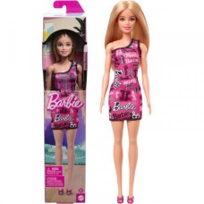 Mattel Barbie blondýna v růžových šatech s potiskem loga HRH07